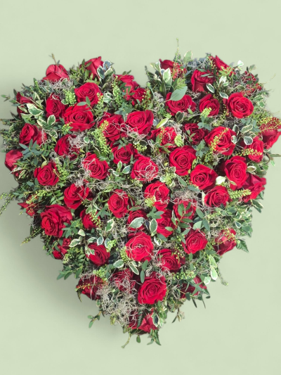 Red Rose Heart - Red Rose Heart with mixed foliage.  Available in Pink, White, Yellow, Lilac, Orange, Mixed.  Please specify in the special instructions.